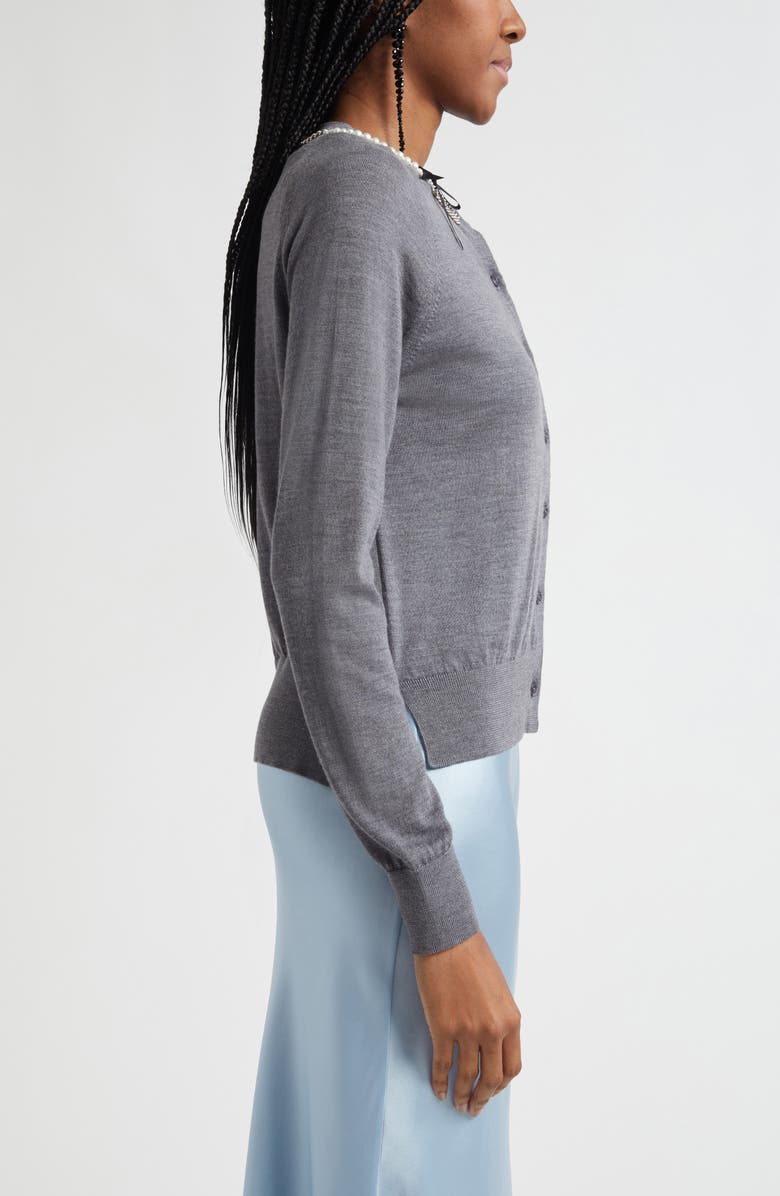Simone Rocha Classic Long Sleeve Merino Wool & Silk Cardigan with Faux Pearl Detail, Alternate, color, Charcoal/ Pearl
