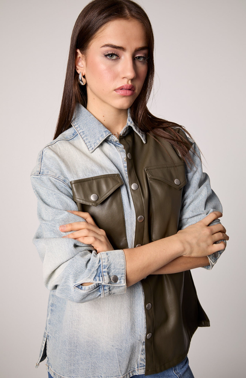Blue Revival Vegan Leather & Denim Boyfriend Shacket In Multi