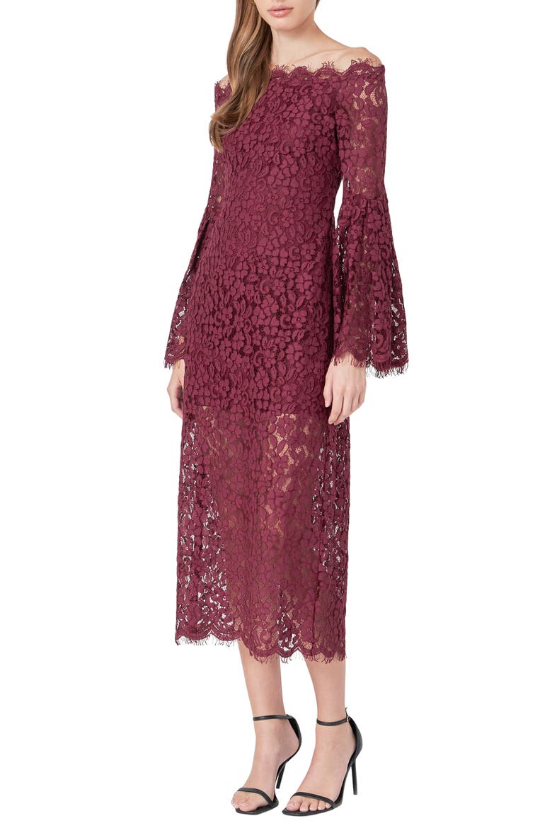 Off the Shoulder Long Sleeve Lace Maxi Dress, Alternate, color, BURGUNDY