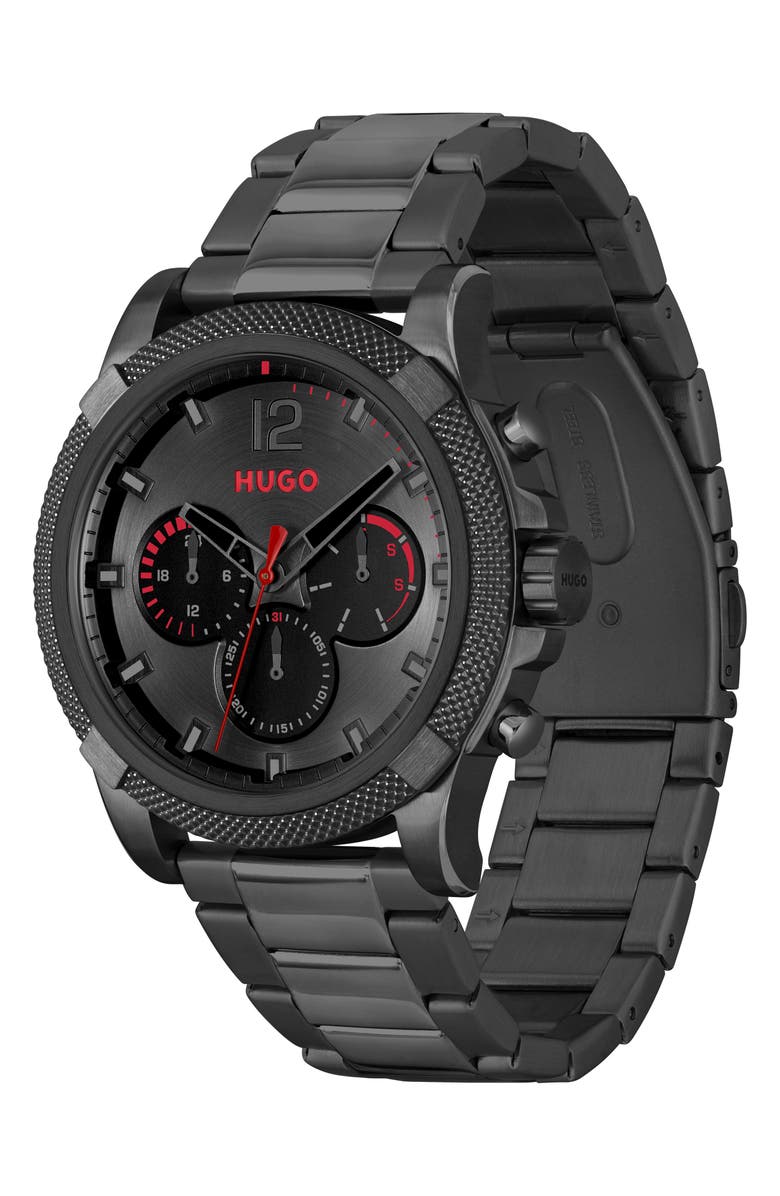 BOSS Impress Chronograph Leather Strap Watch, 46mm, Alternate, color, Black Dial