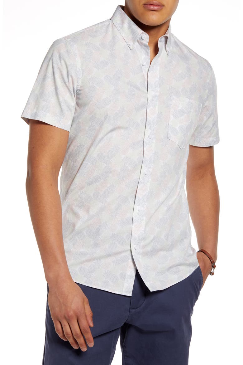 Slim Fit Pineapple Print Short Sleeve Button-Down Shirt, Main, color, WHITE PINK PINEAPPLES