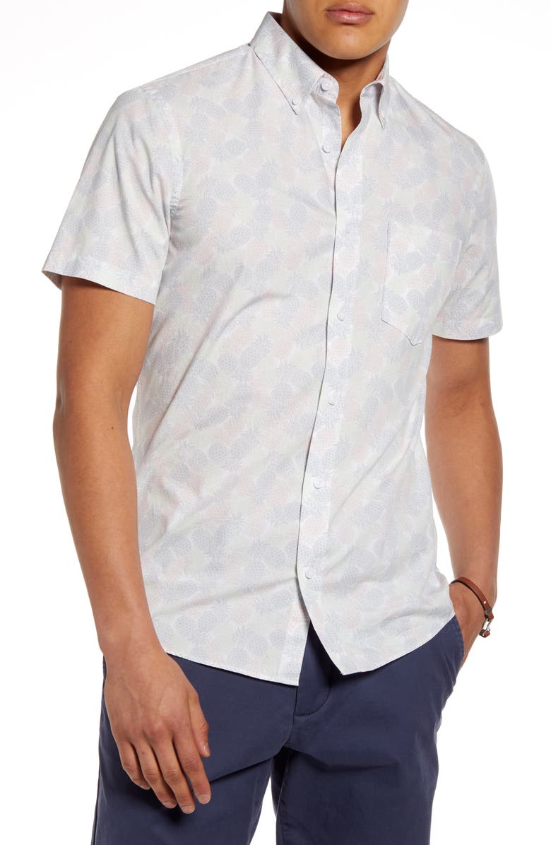 1901 Slim Fit Pineapple Print Short Sleeve Button-Down Shirt, Main, color, 