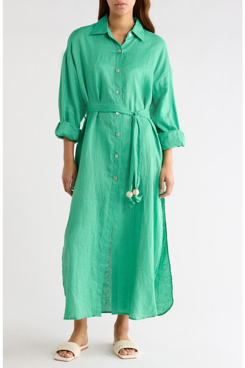 Long Sleeve Linen Maxi Shirtdress, Main, color, GREEN