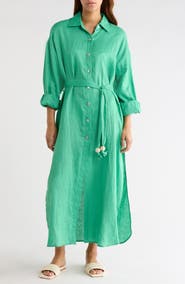 Elan Long Sleeve Linen Maxi Shirtdress