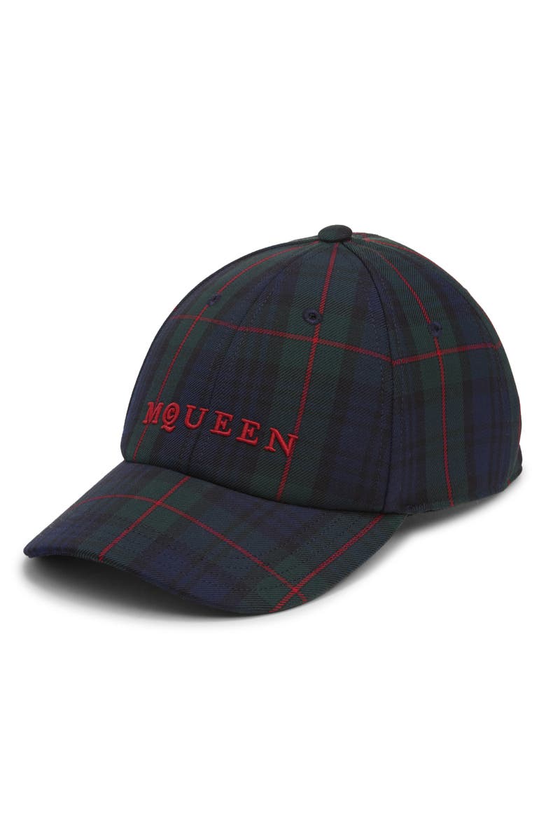 McQueen Plaid Logo Adjustable Baseball Cap, Main, color, Navy/ Red