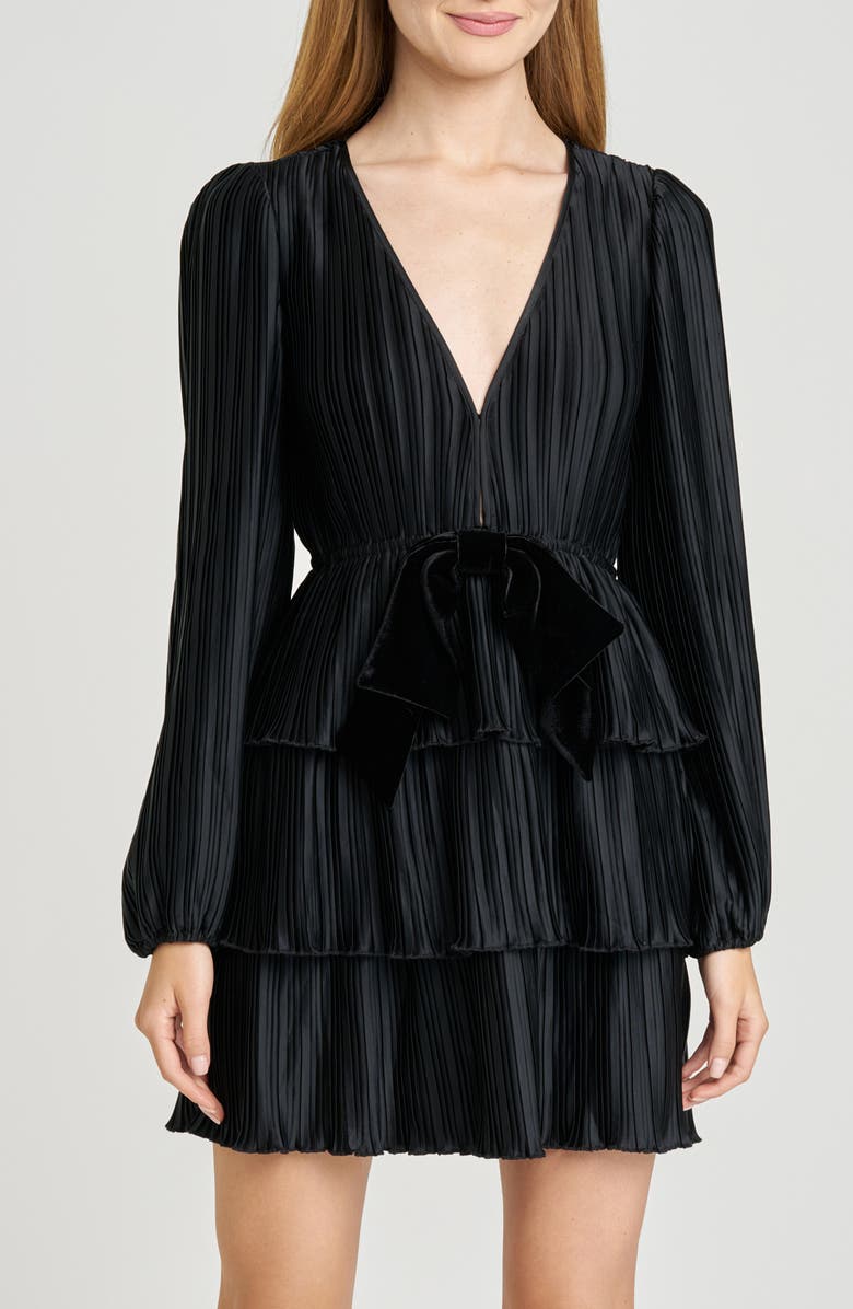 WAYF Melissa Plissé Long Sleeve Tiered Minidress, Alternate, color, Black