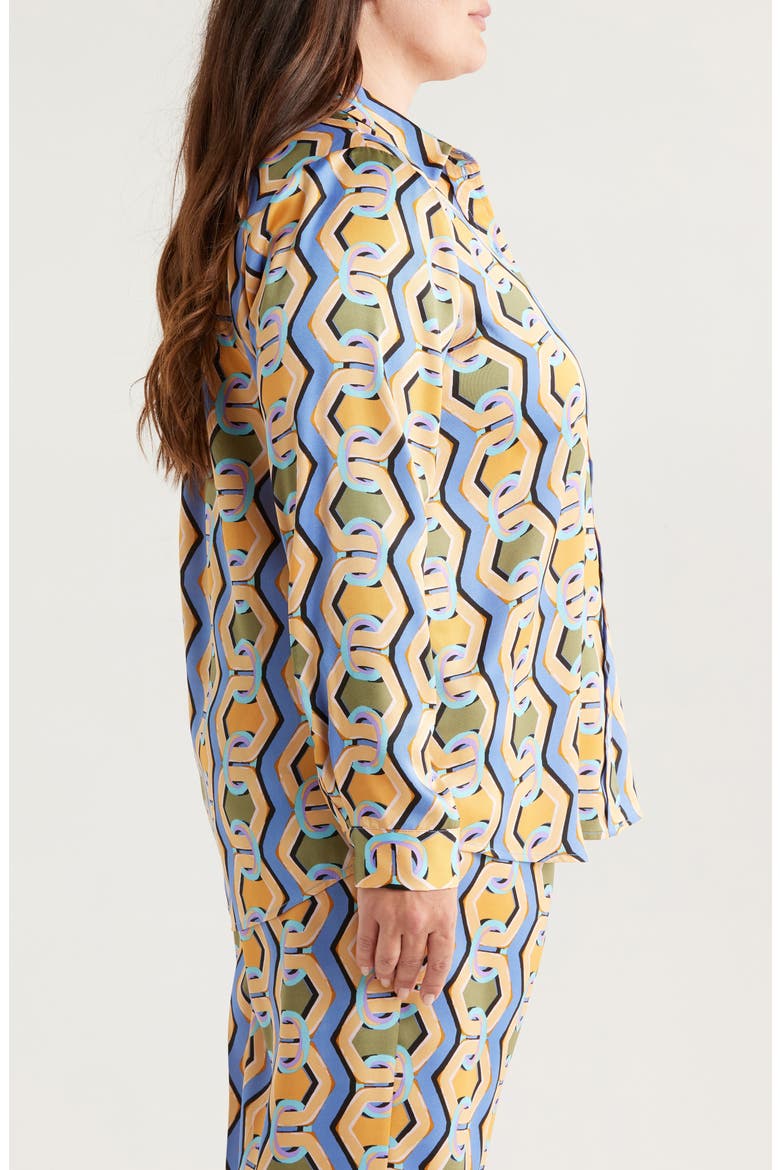 Geo Print Satin Button-Up Shirt, Alternate, color, BLUE CHAINS