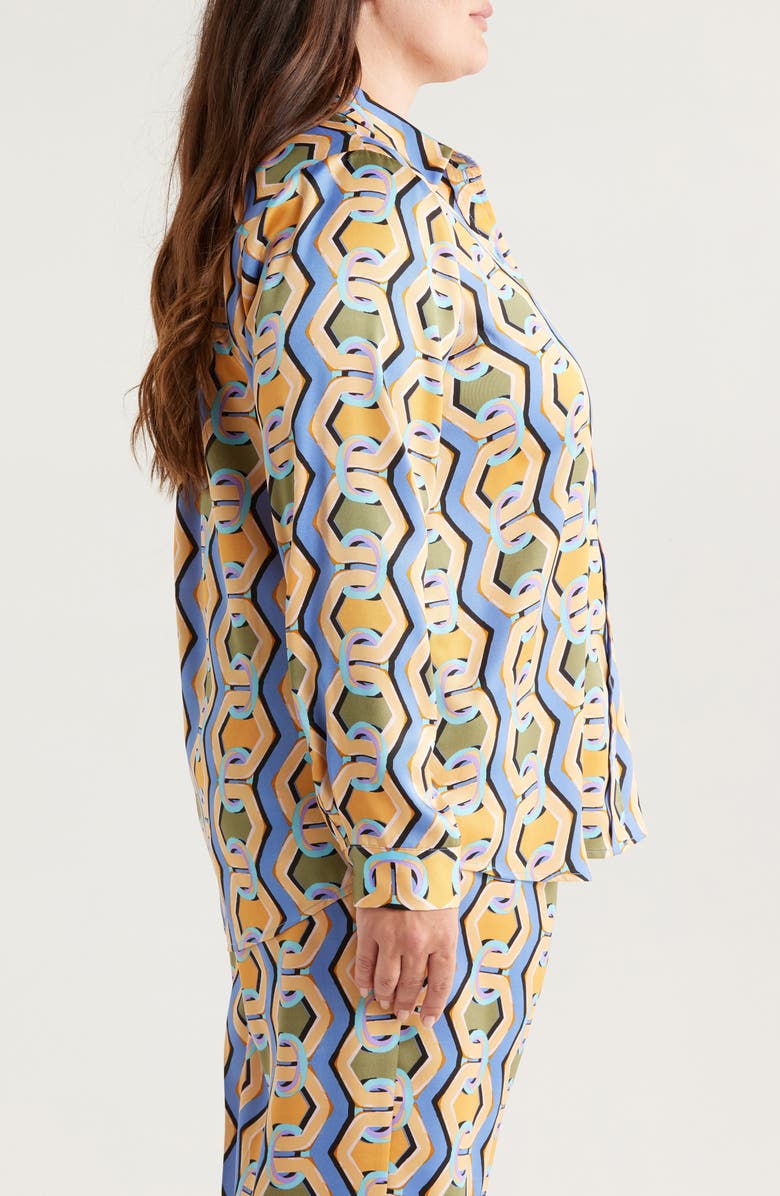 Tahari ASL Geo Print Satin Button-Up Shirt, Alternate, color, Blue Chains
