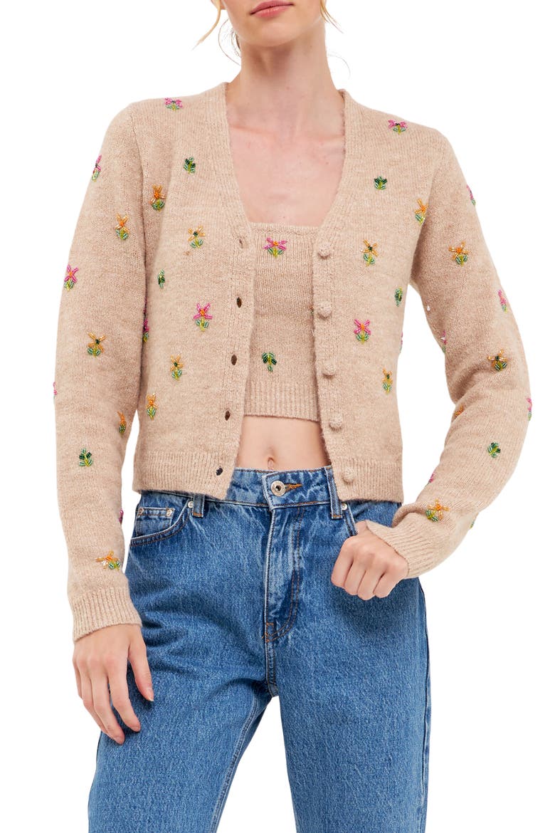 Bead Detail Crop Cardigan, Main, color, BEIGE