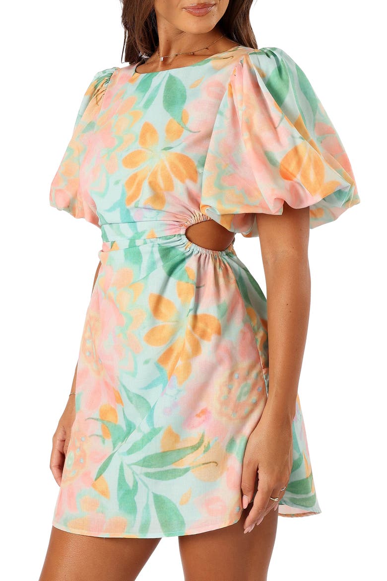 Natalie Puff Sleeve Cutout Minidress, Alternate, color, CORAL PRINT