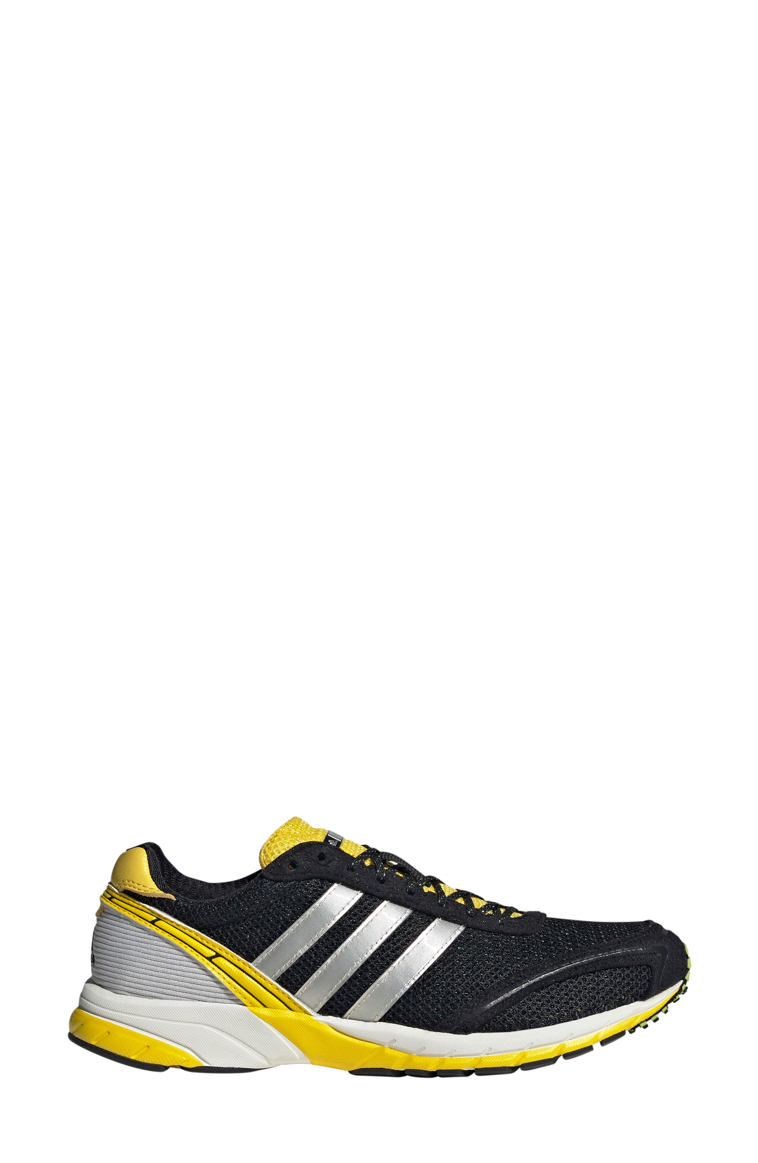 Adizero Adios Running Shoe, Alternate, color, BLACK/ SILVER METALLIC/ YELLOW