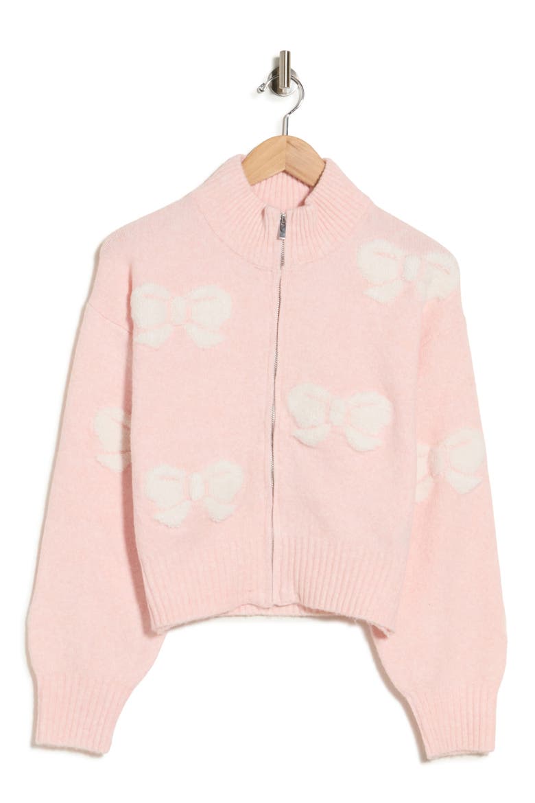 Bow Jacquard Zip Front Cardigan, Main, color, LIGHT PINK COMBO