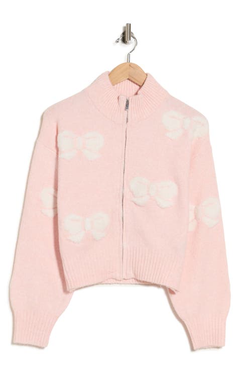 Bow Jacquard Zip Front Cardigan
