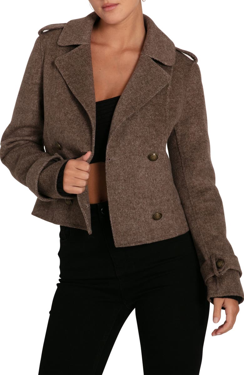 Belle & Bloom Better Off Military Wool Blend Crop Peacoat, Alternate, color, Walnut