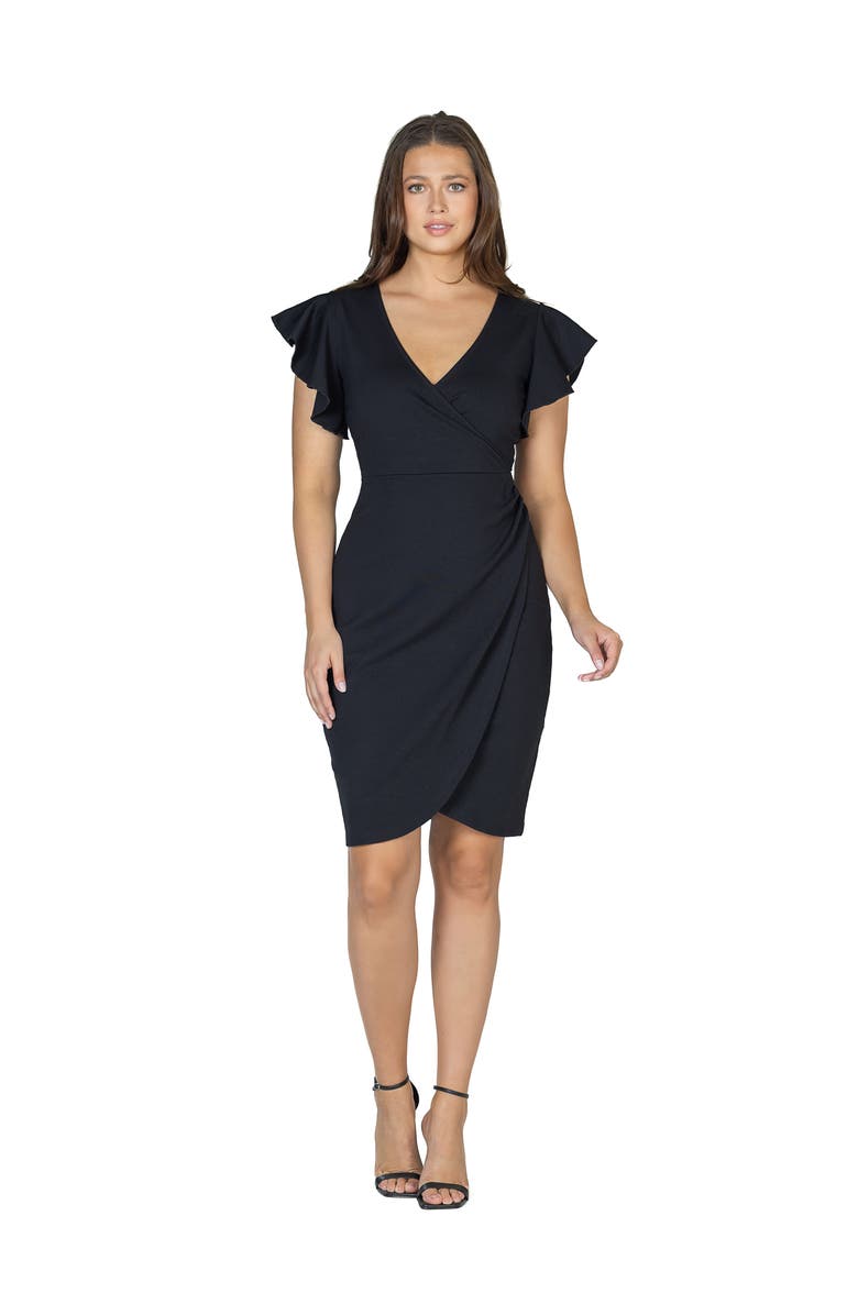 24seven Comfort Apparel V-Neck Ruffle Sleeve Knee Length Dress, Main, color, Black