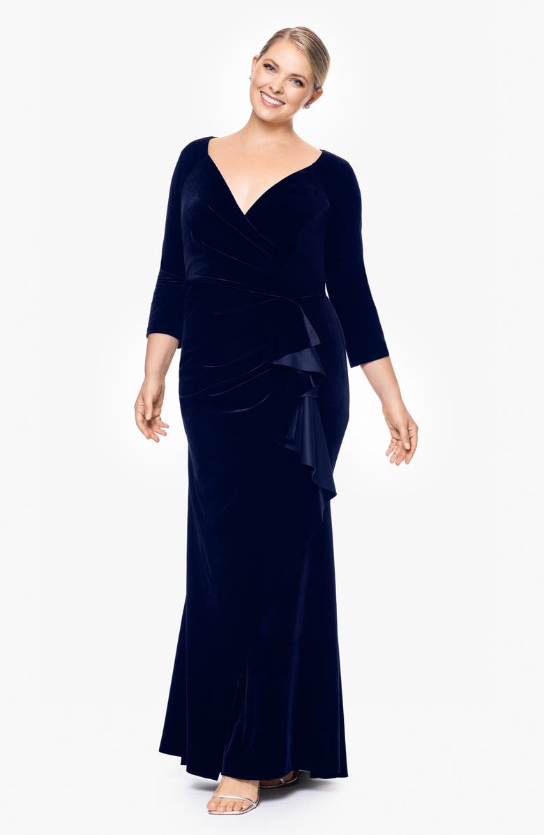 Xscape Evenings Ruffle Stretch Velvet Gown, Alternate, color, 