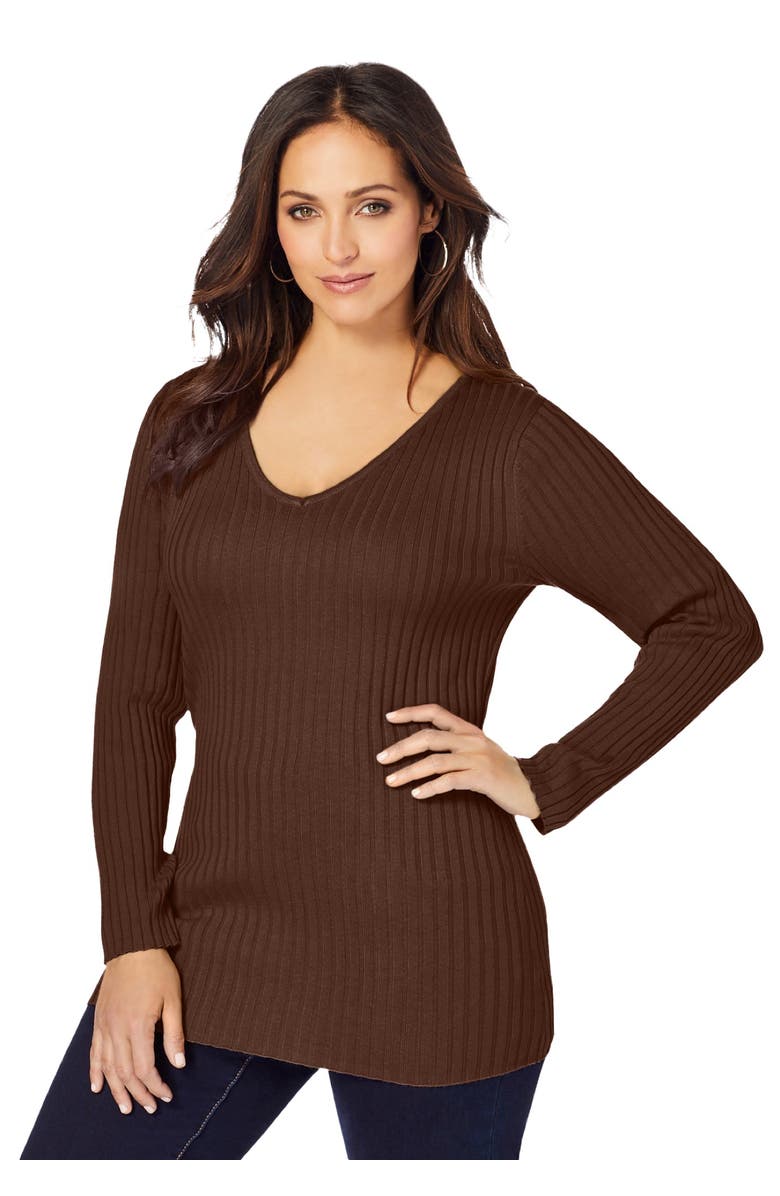 Jessica London V-Neck Ribbed Sweater, Main, color, Rich Brown
