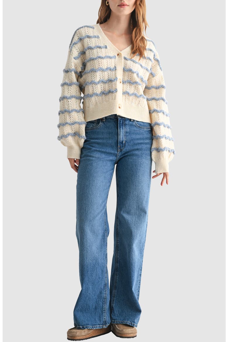 Wavy Stripe Pointelle Cardigan, Alternate, color, CREAM BLUE