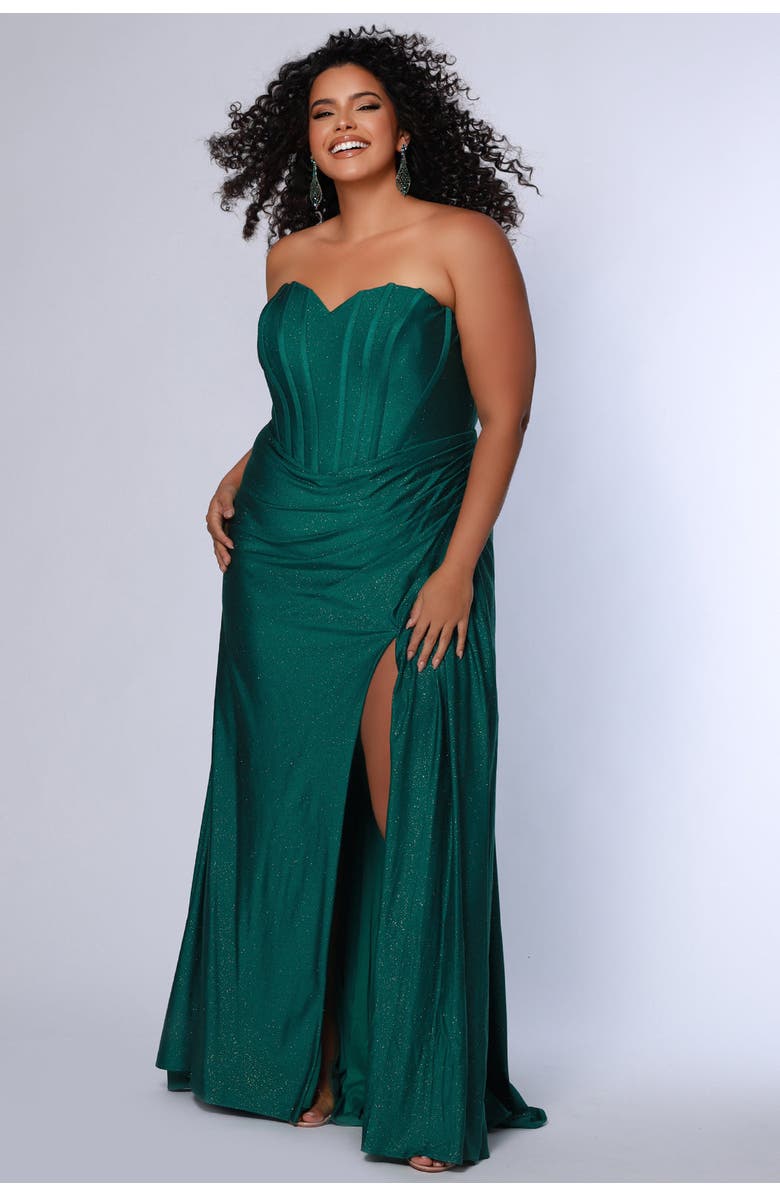Sydney's Closet Strapless Corset Slim Fitted Plus Size Gown, Main, color, Emerald