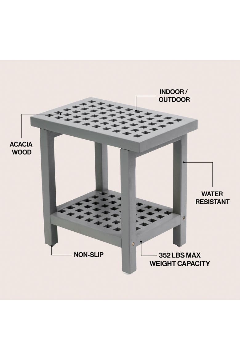 Armin Modern Acacia Wood Shower Stool with Storage Shelf, Heavy Duty Slatted Bath Spa Bench for Bathroom, Shower Entryway, Alternate, color, Gray