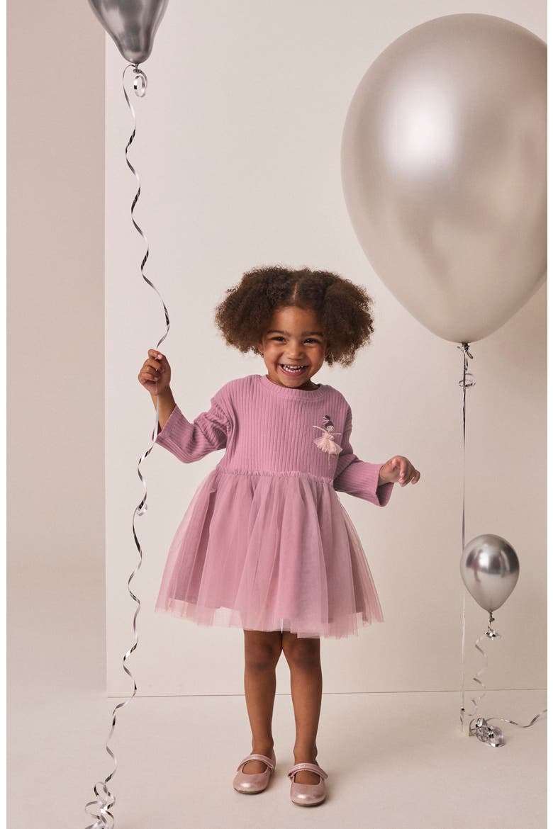 Kids' Pretty Jersey Rib & Mesh Dress, Alternate, color, PURPLE