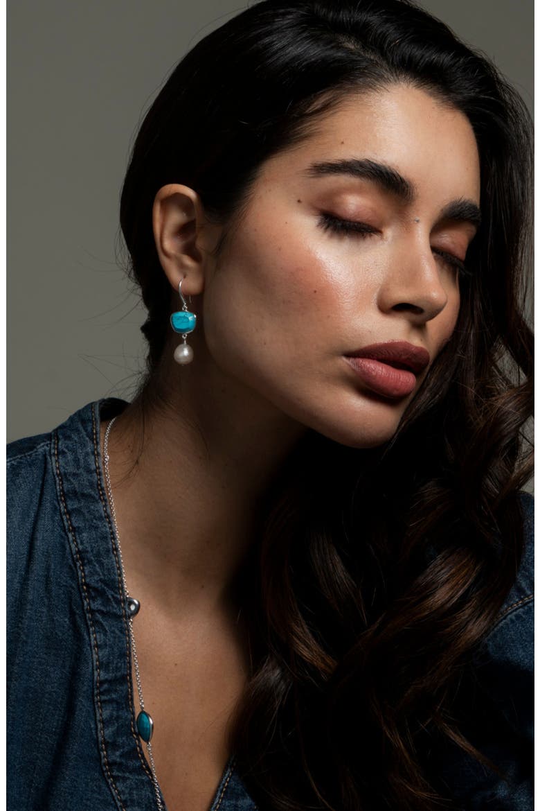Turquoise Pebble & Pearl Drop Earrings, Alternate, color, Sterling Silver