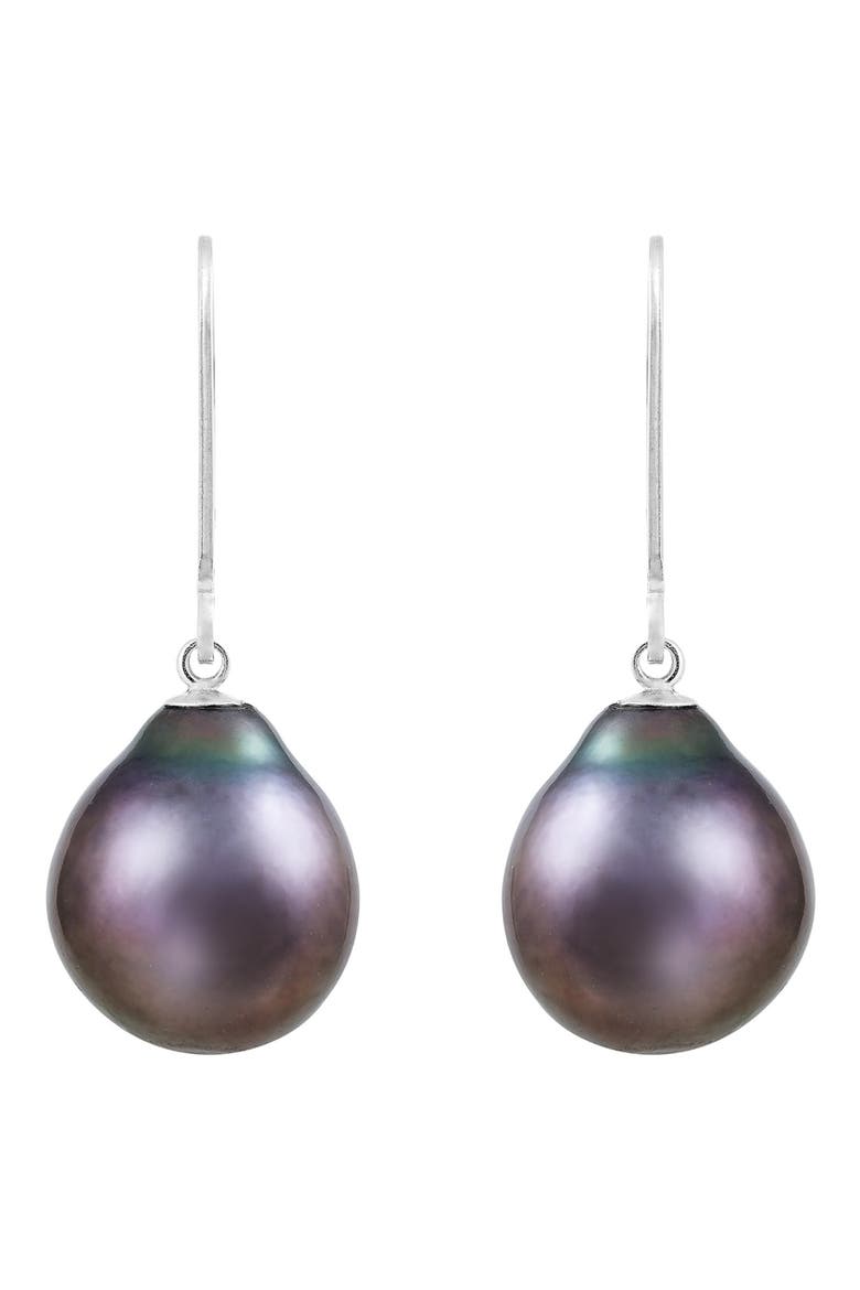 Rhodium Plated Sterling Silver 8-9mm Cultured Freshwater Pearl Dangling Earrings, Main, color, PURPLE/ BLACK