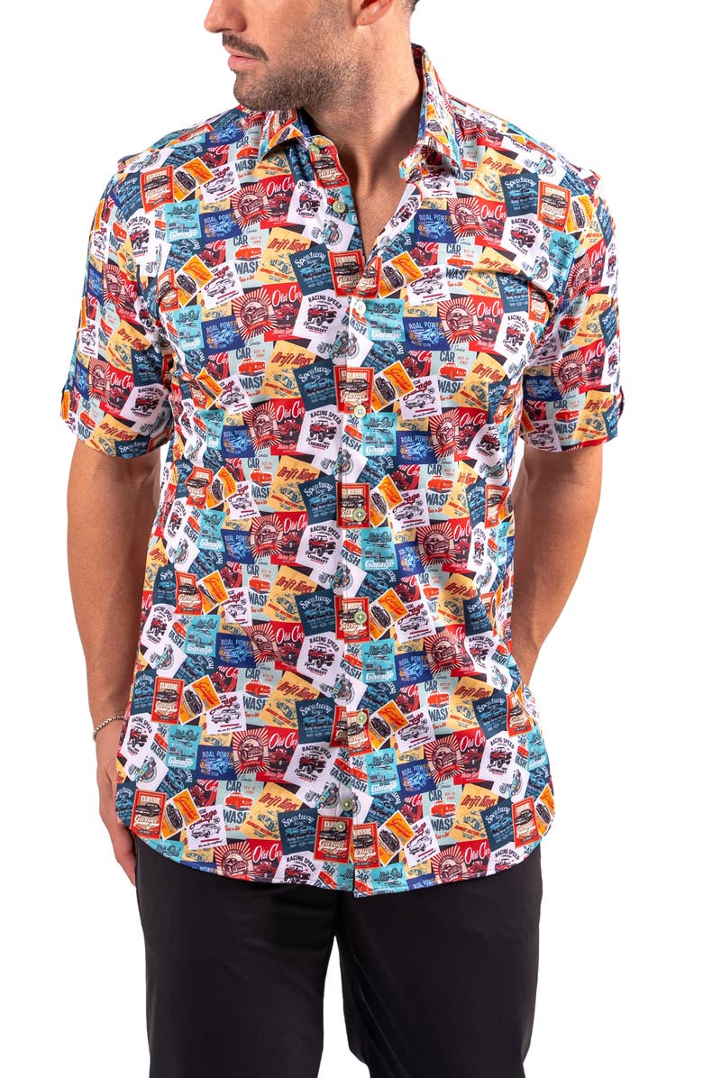 Maceoo Galileo Resistance0350 Multi Car Print Short Sleeve Button-Up Shirt, Alternate, color, Multi