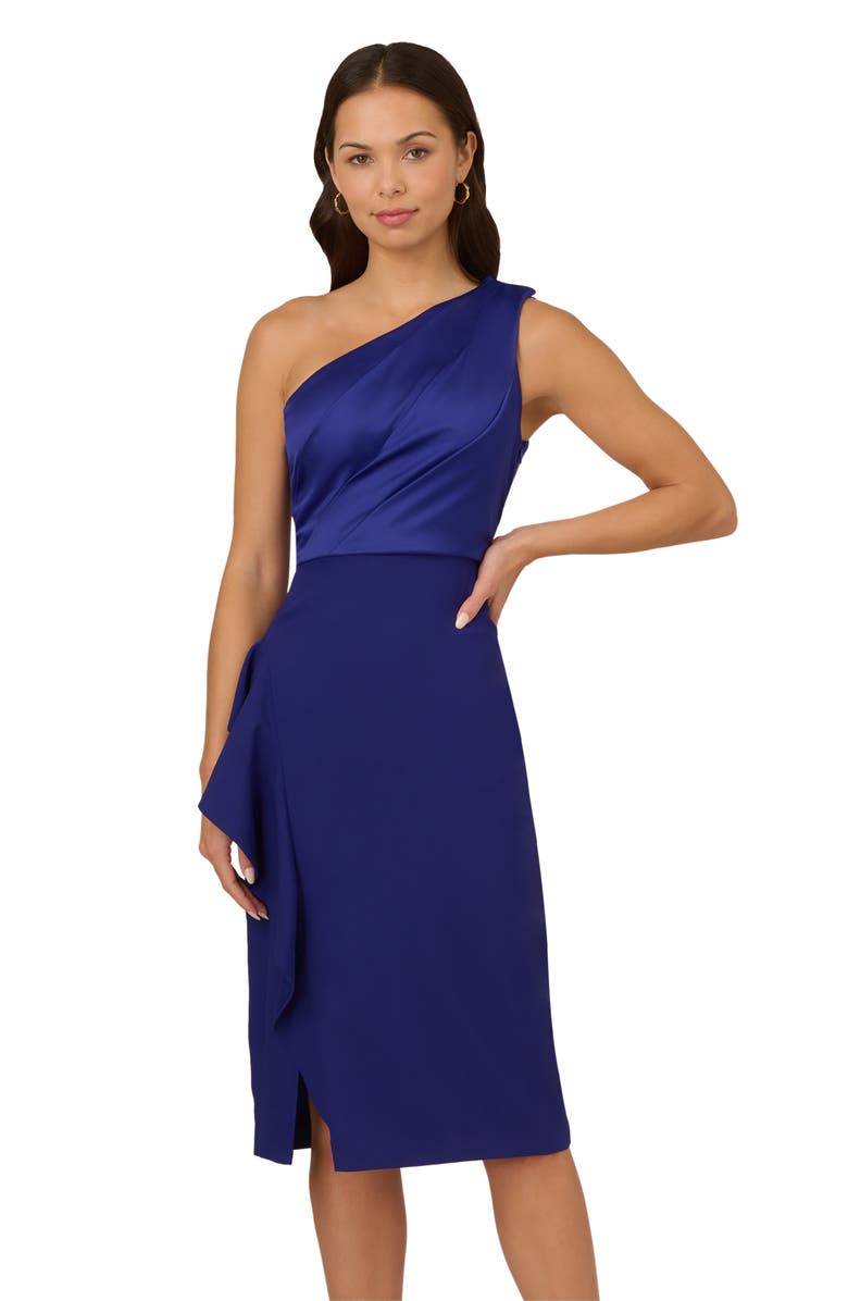 Adrianna Papell One-Shoulder Satin Cocktail Midi Dress, Alternate, color, Dark Blue Violet