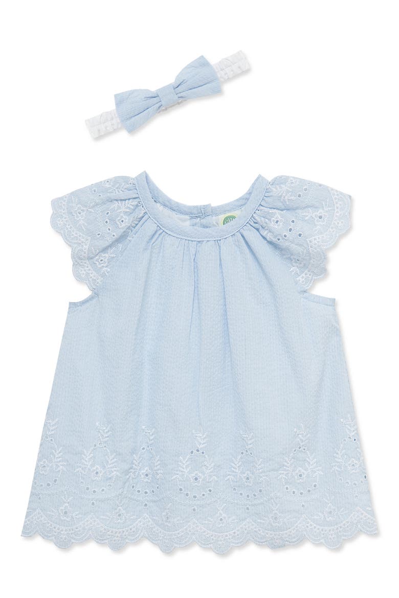 Eyelet Stripe Dress & Headband Set, Alternate, color, BLUE/ WHITE