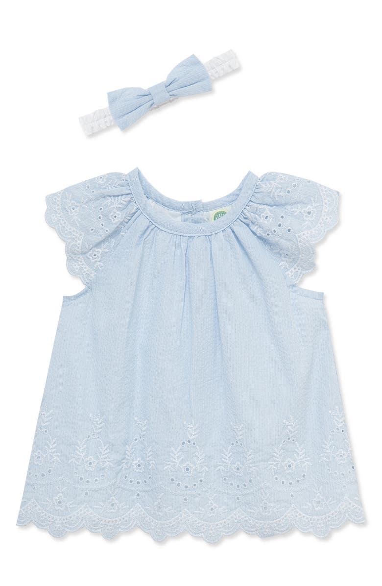 Little Me Eyelet Stripe Dress & Headband Set, Alternate, color, Blue/ White