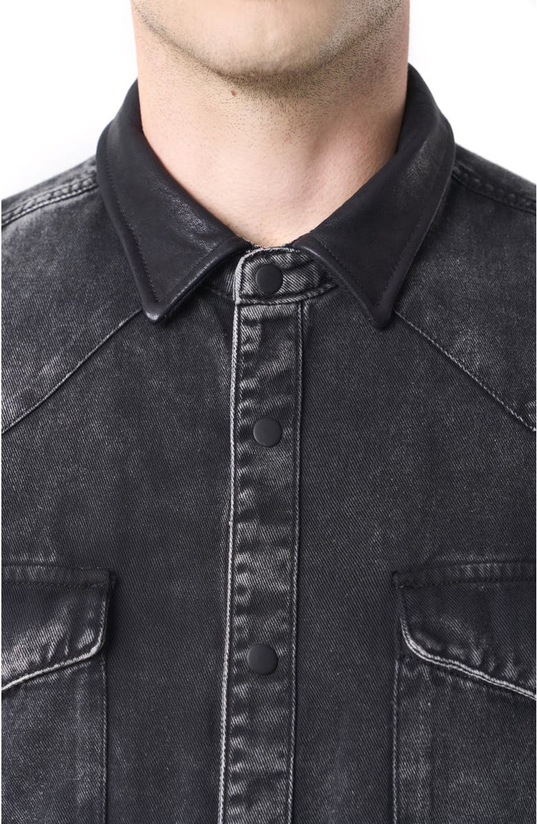 Velez Long-Sleeve Cotton Overshirt With Denim and Leather, Alternate, color, Black