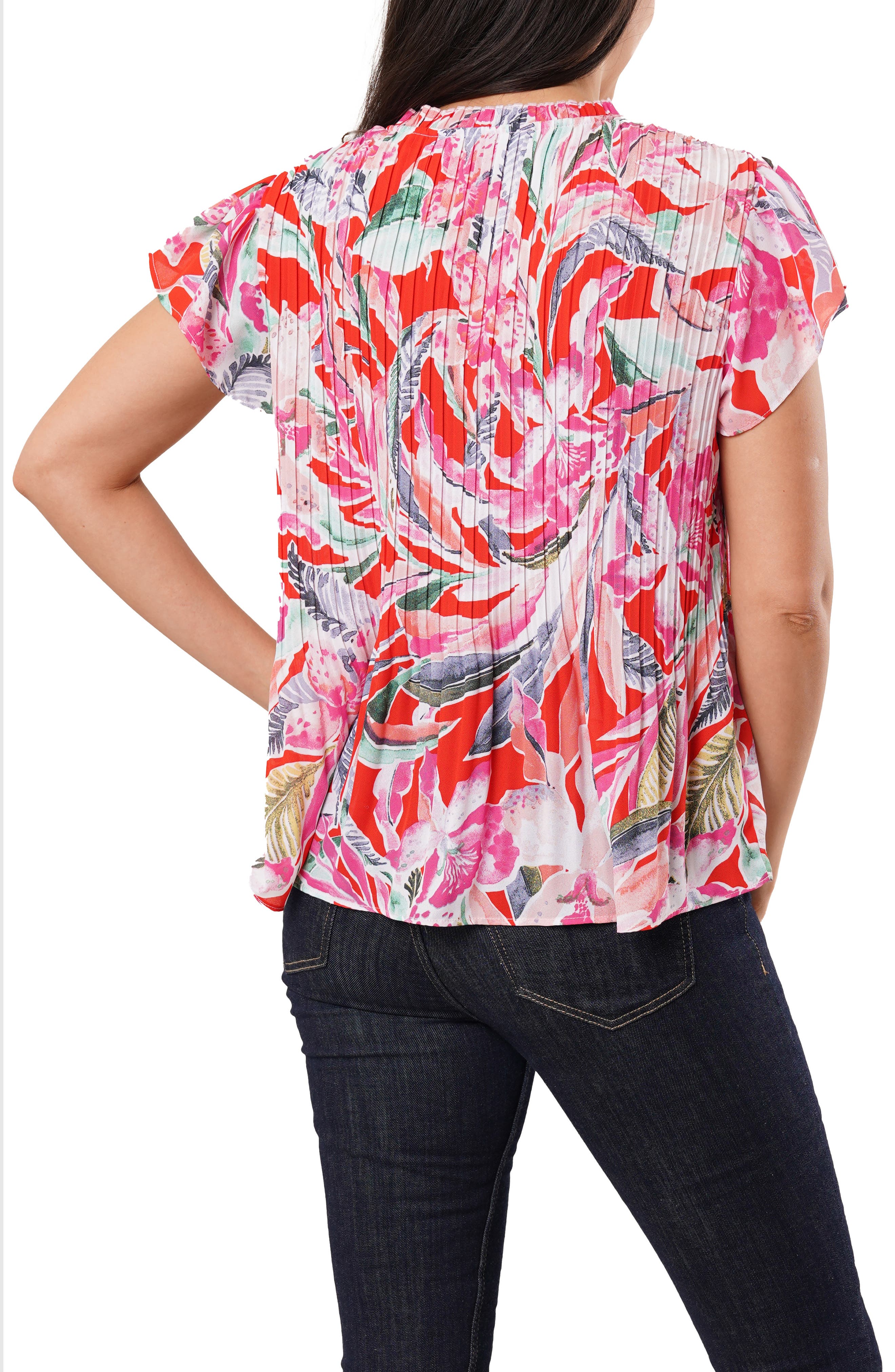 Pleated Tie Neck Short Sleeve Top - image 4
