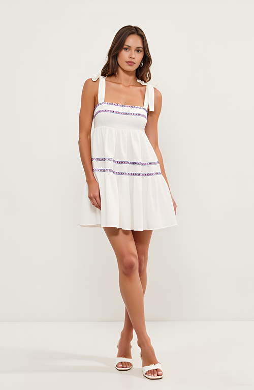 MODENAIRE MODENAIRE SLEEVELESS TIERED MINI DRESS WITH EMBROIDERED TRIM AND TIE STRAPS