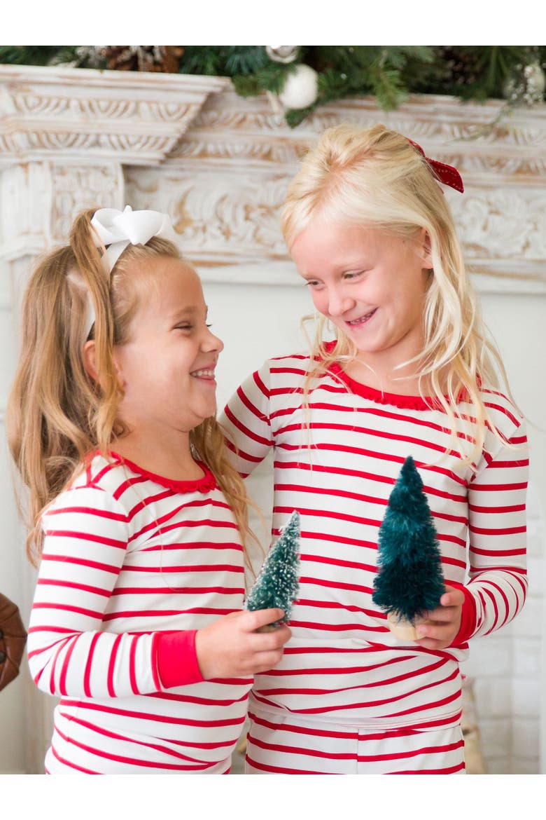 Modal Blend Girls Ruffle Long Sleeve Pajama Set, Alternate, color, Red & White Stripe