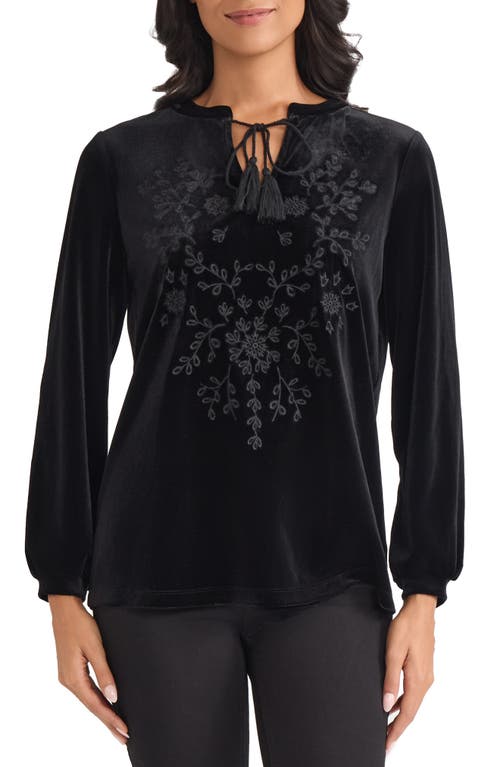 Jones New York Embroidered Split Neck Top In Black