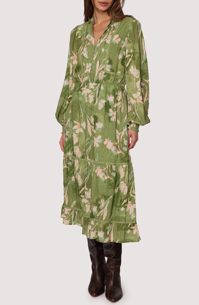 Lost + Wander Serene Majesty Long Sleeve Midi Dress, Main, color, Green-Floral