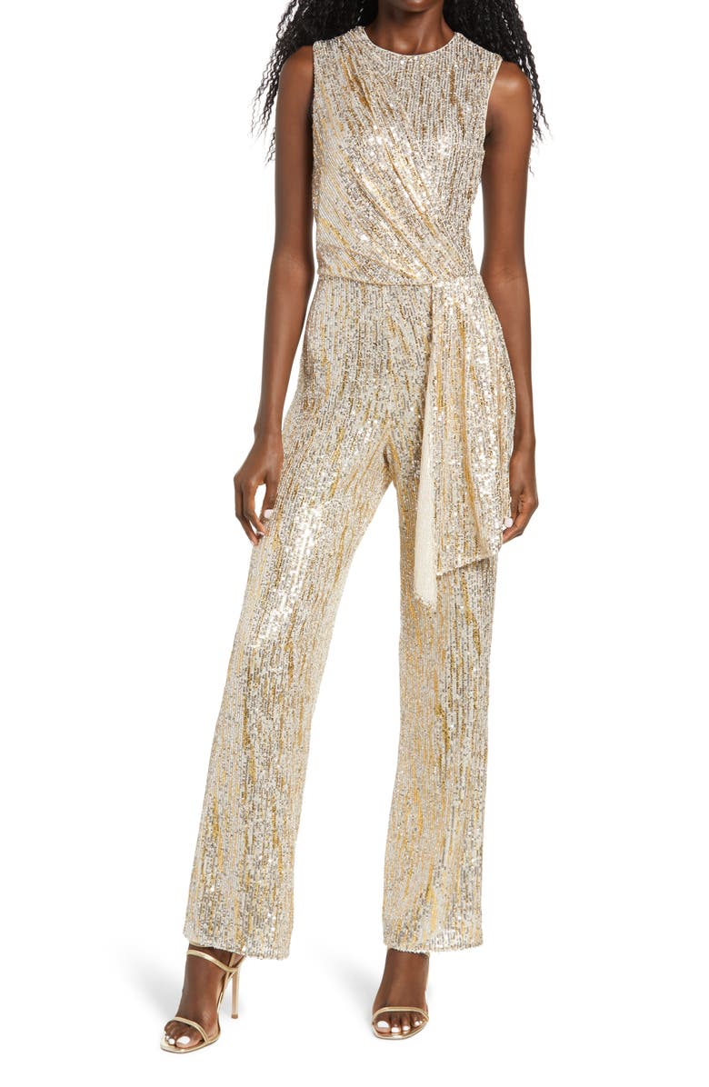 Saylor Briar Gold Foiled Sequin Sleeveless Jumpsuit, Main, color, 