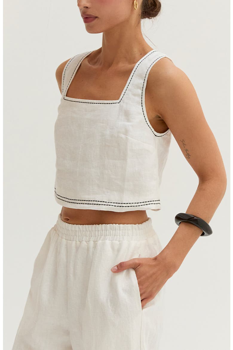 Contrast Stitch Cropped Top & Pants Linen Two Piece Set, Alternate, color, White