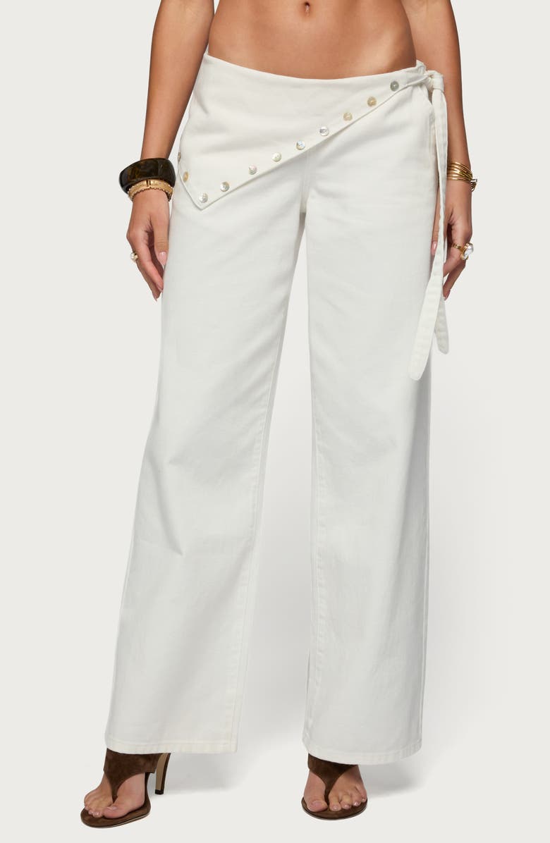 EDIKTED Button Foldover Low Rise Wide Leg Jeans, Main, color, Off-White