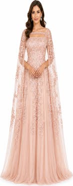 LARA New York Lace Embroidered Gown with Long Cape Sleeves