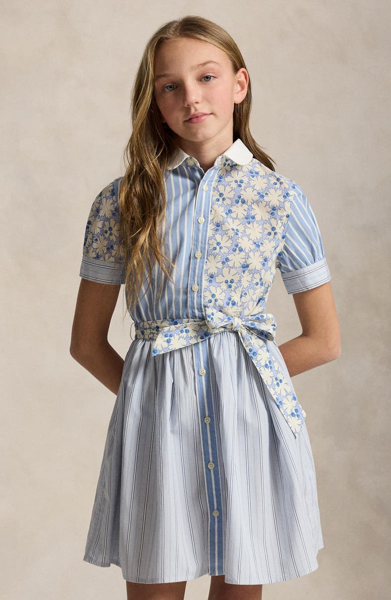 Polo Ralph Lauren Kids' Mixed Print Cotton Shirtdress, Alternate, color, Blue Multi