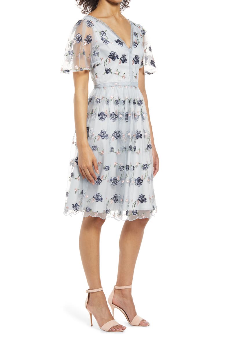 Floral Embroidered Tulle Cocktail Dress, Alternate, color, BLUE