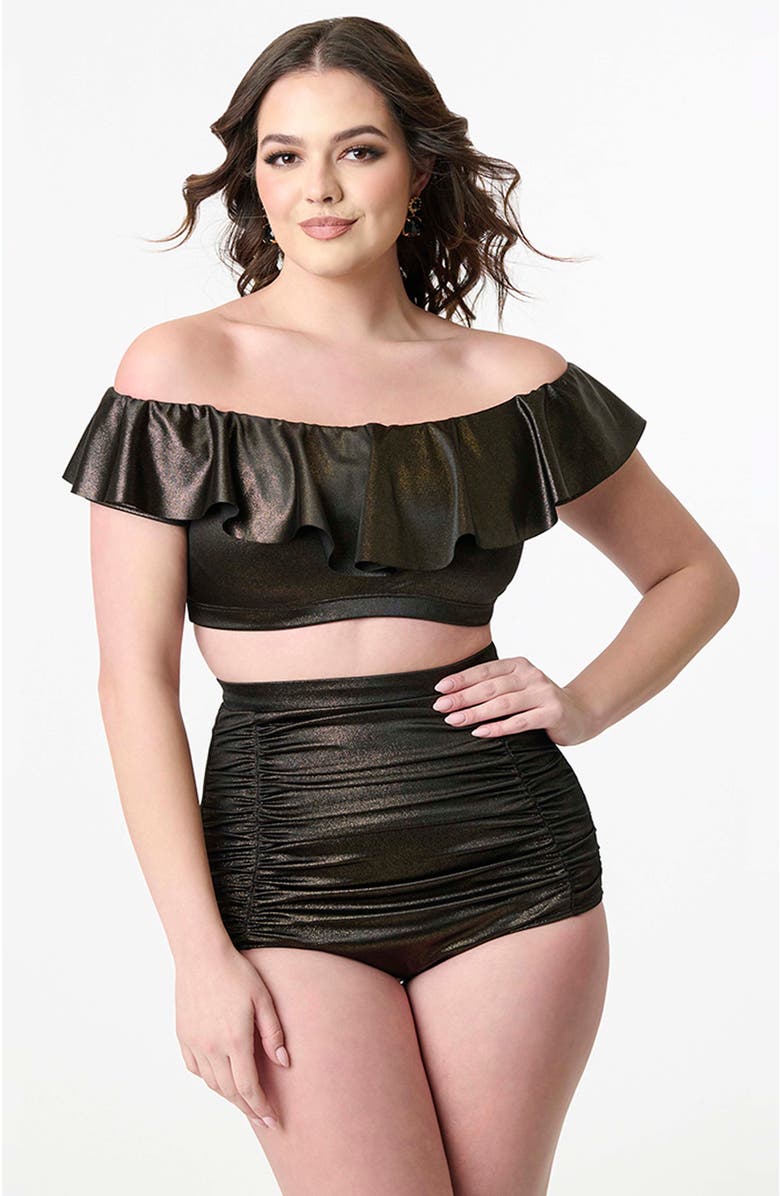 Unique Vintage Ruffled Ramona Swim Top, Main, color, Black Gold Shimmer