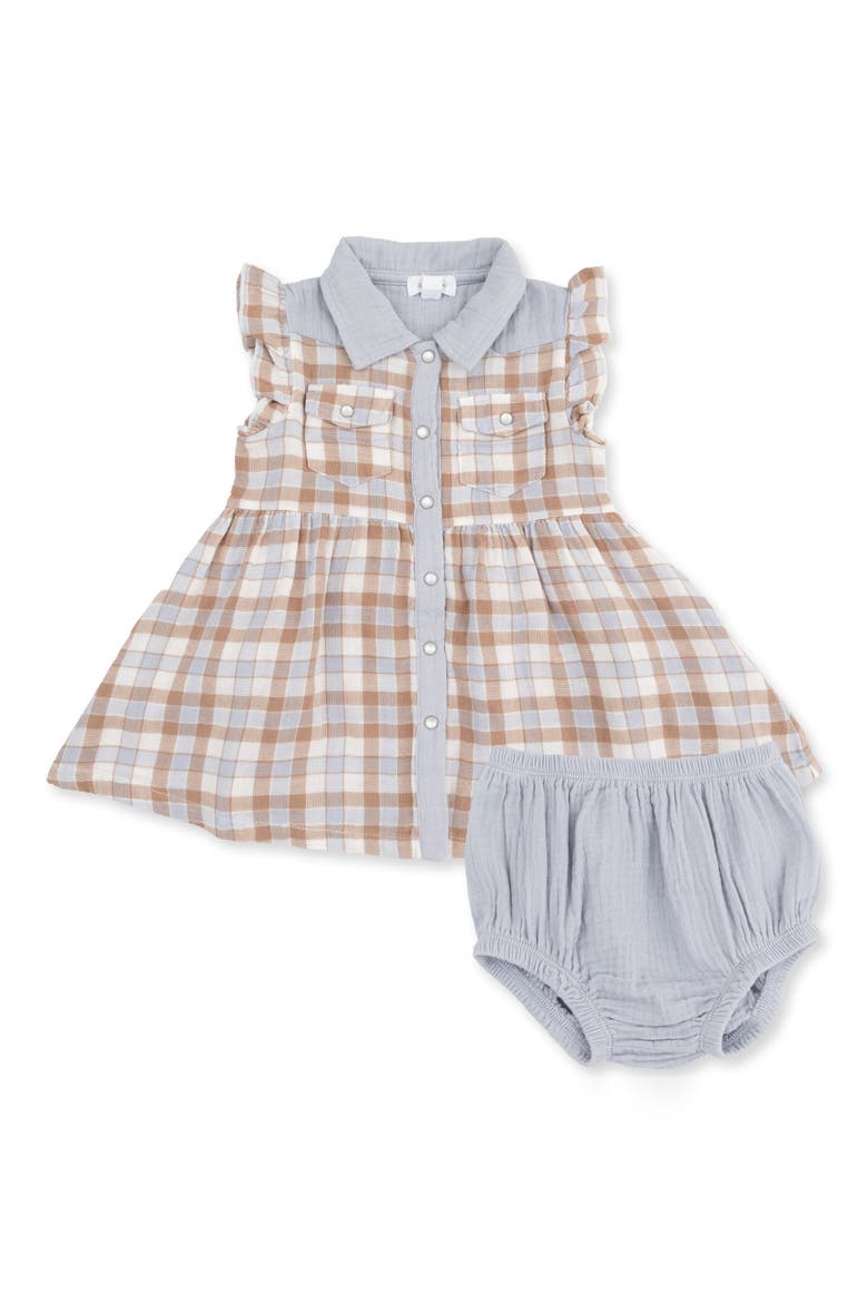 Kids' Western Plaid Flutter Sleeve Organic Cotton Dress with Bloomers, Main, color, IVORY BLUE