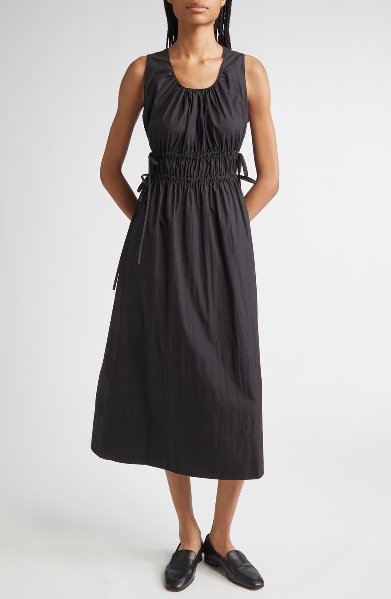 Lafayette 148 New York Gathered Waist Sleeveless Cotton Blend Midi Dress, Main, color, Black