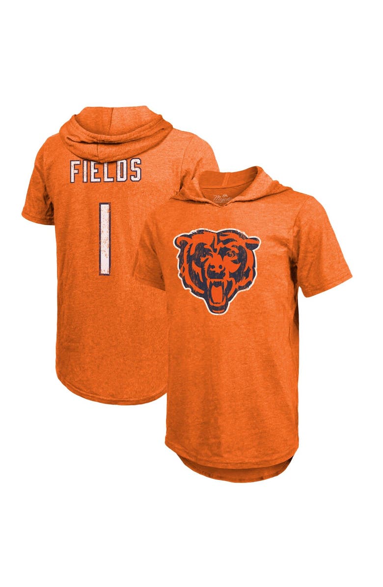 Majestic Threads Men's Justin Fields Orange Chicago Bears Player Name & Number Tri-Blend Short Sleeve Hoodie T-Shirt, Alternate, color, 
