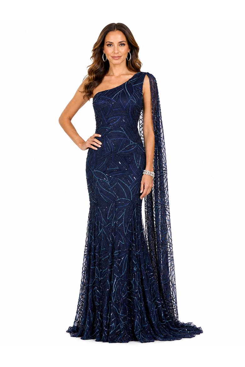 Beaded Faux-Wrap V-Neck Bridal Gown, Main, color, Navy