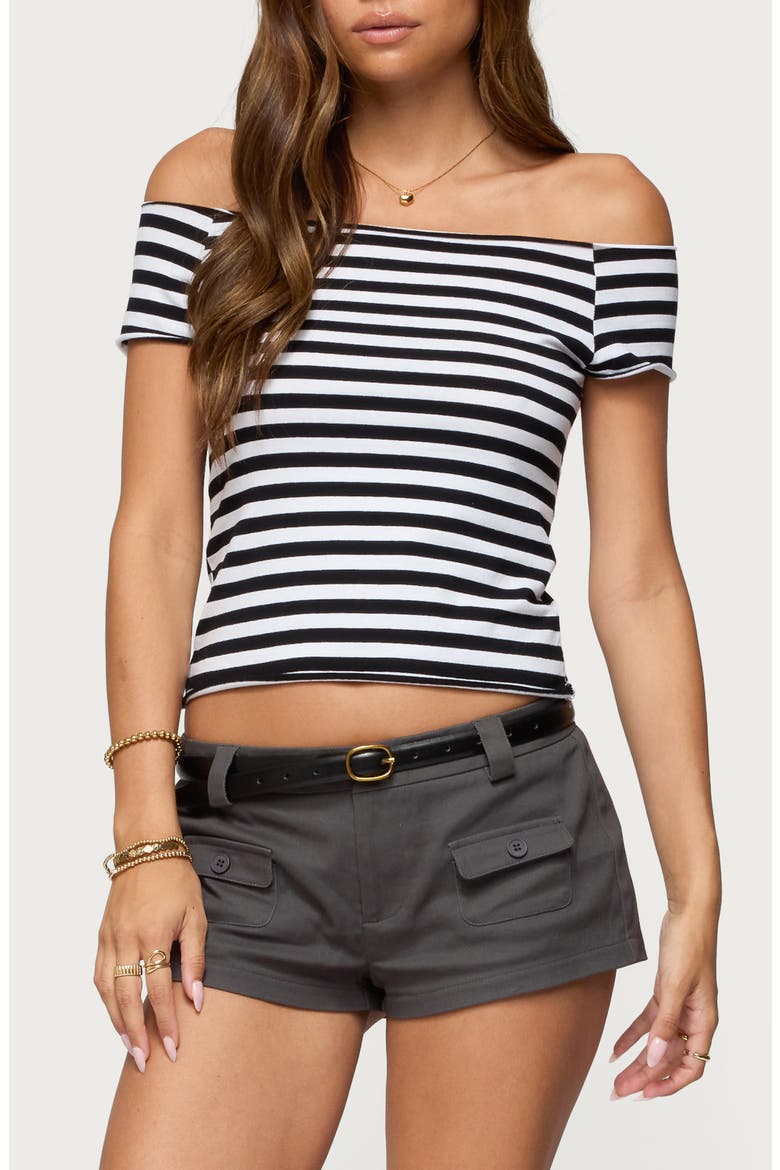 Amanda Stripe Off the Shoulder Stretch Cotton Top, Main, color, BLACK-AND-WHITE