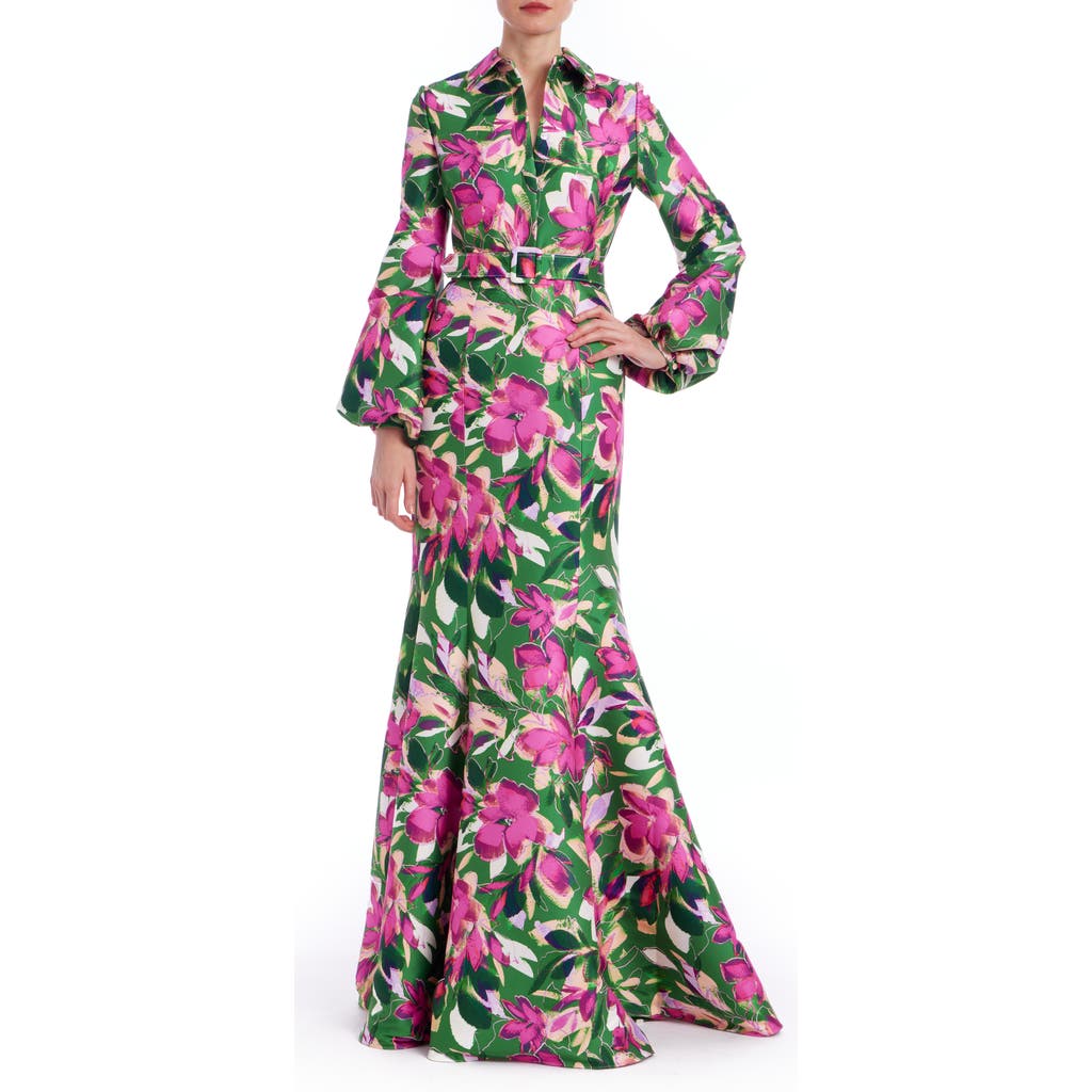 Badgley Mischka Belted Floral-print Mikado Shirt Gown In Emerald Multi